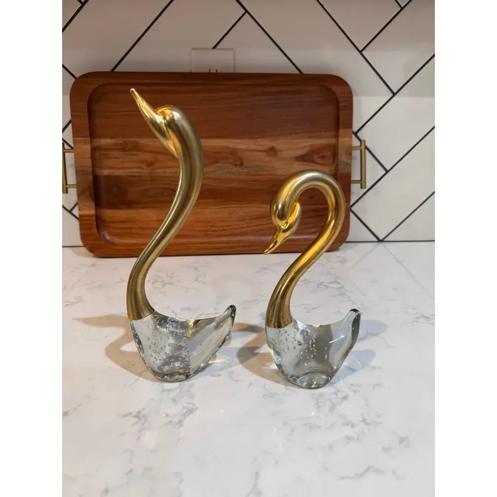 vintage Penco Mid Century Modern brass glass swan figurines bubble-glass base